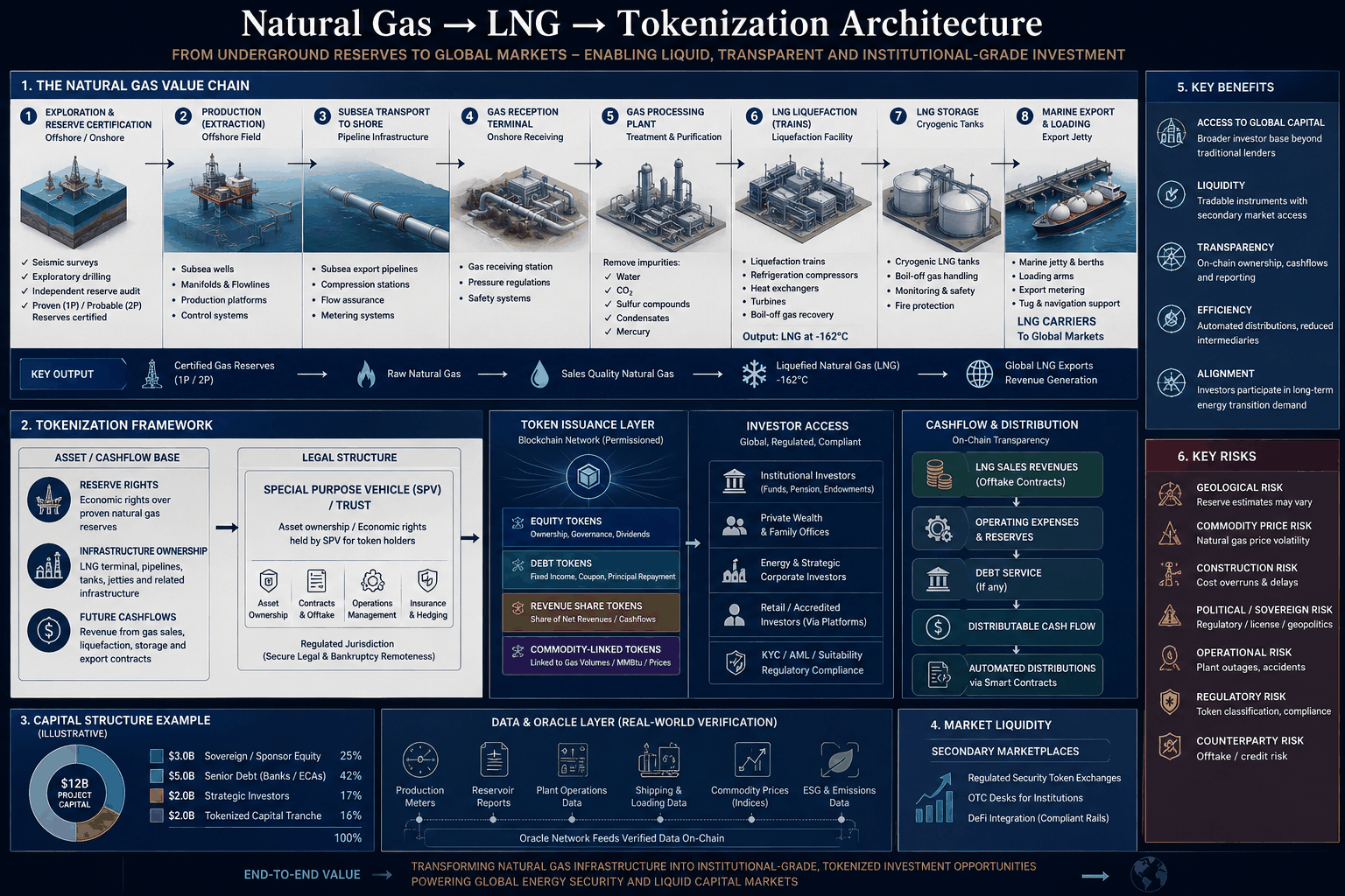 Diagram: natural gas to LNG to tokenization architecture, showing the eight-stage value chain, tokenization framework, capital structure, oracle layer, market liquidity, benefits and risks