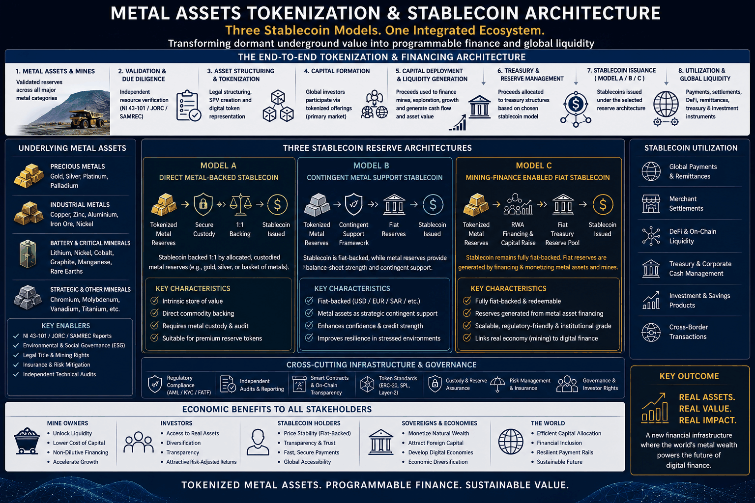 Diagram: end-to-end metal assets tokenization and stablecoin architecture across eight stages, with three stablecoin reserve models and stakeholder benefits